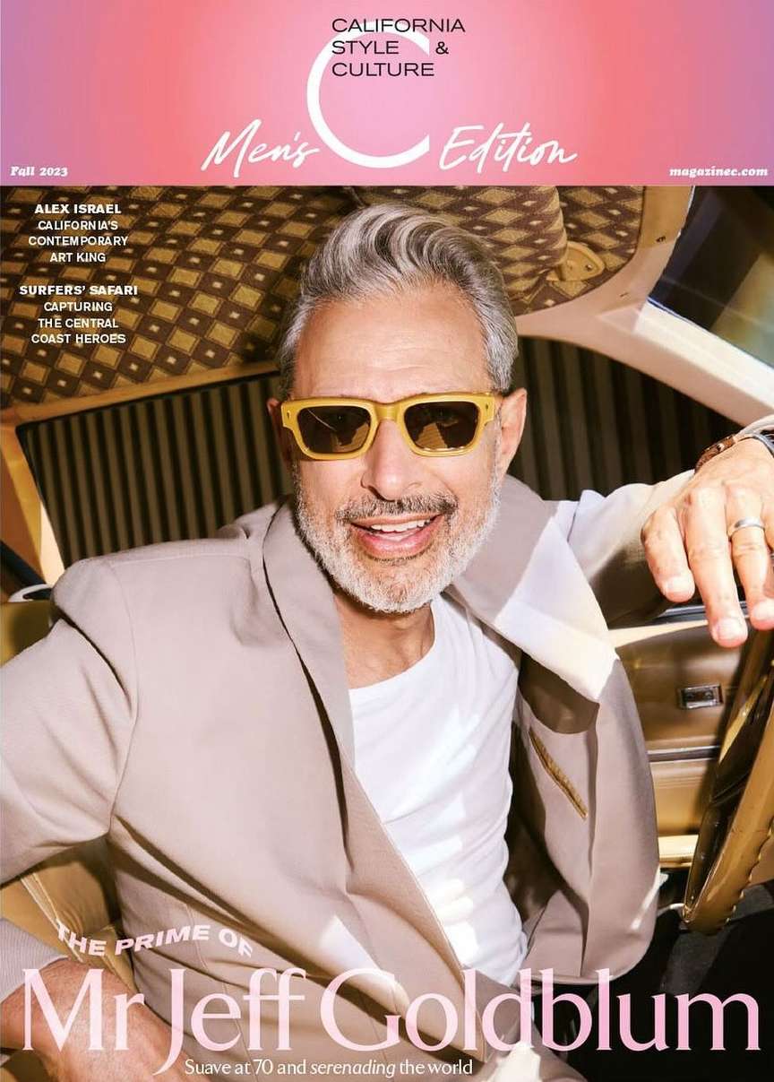 Magazine cover featuring Jeff Goldblum in sunglasses and a beige suit, smiling against a gold car interior. California Style & Culture.