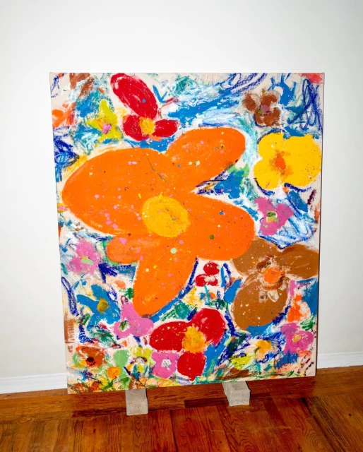 Painting with large orange flowers and smaller red, yellow, and brown flowers on a white background with blue and pink accents.