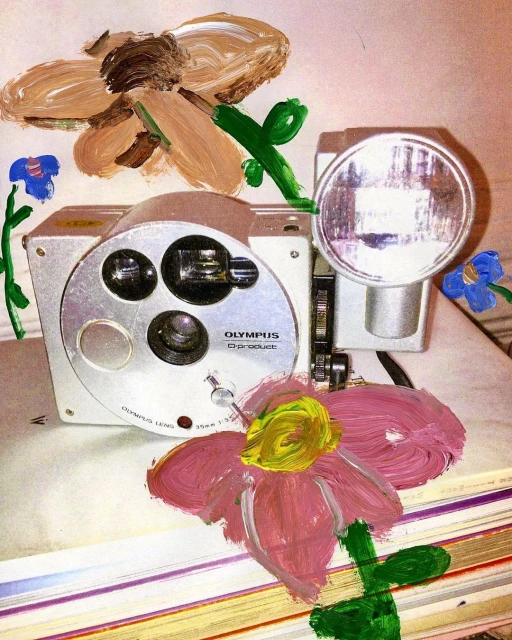 Vintage Olympus camera with flash attachment and painted flowers in pink, blue, brown, and green hues resting on lined surface.