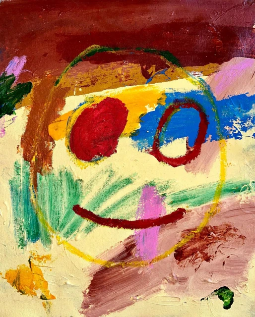 Abstract painting of a yellow smiley face with red eyes, a pink nose, and a red smile on a beige background with brown and green details.