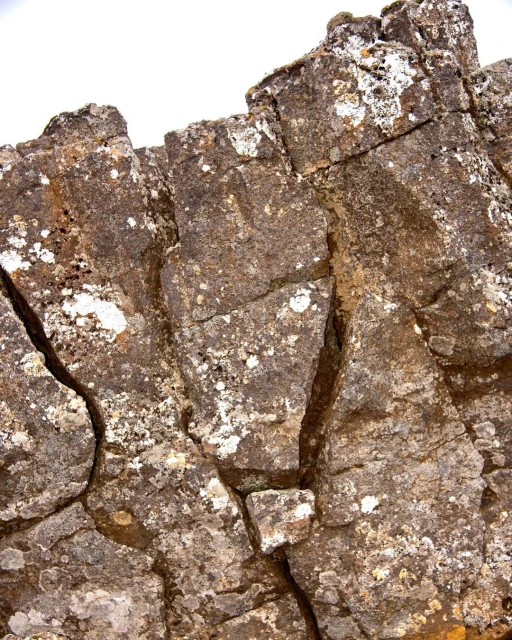 Detailed view of a large rock formation showcasing its rough texture, varied coloration, and natural weathering patterns.