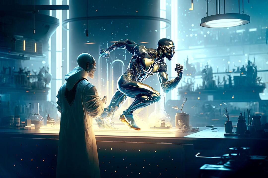 Futuristic science lab scene with a running metallic humanoid figure being observed by a scientist in a lab coat.