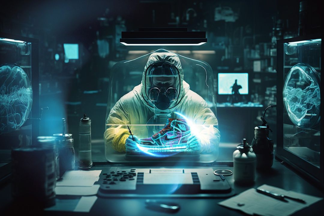 Person in hazmat suit modifying a sneaker under a protective hood in a futuristic lab setting with laboratory equipment and blue lighting.