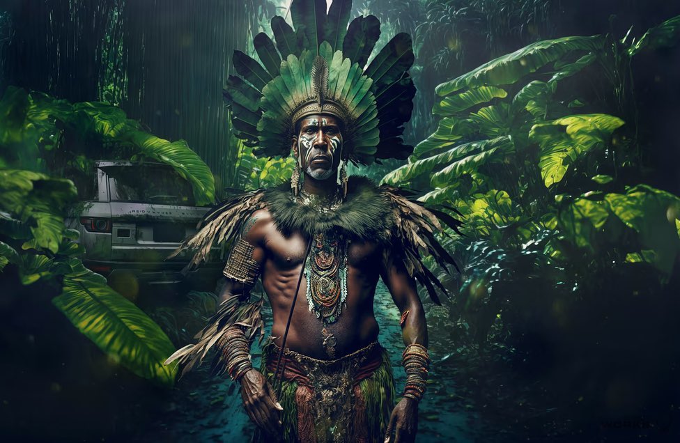 Adult male in indigenous clothing and face paint standing in a jungle clearing with a green feathered headdress and vehicle behind.