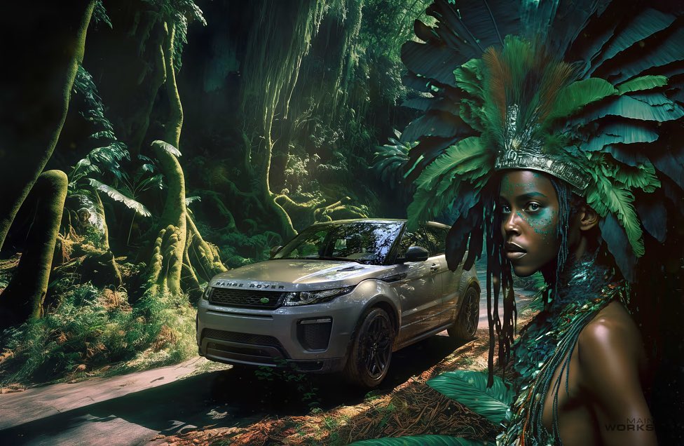 A Range Rover SUV is parked along a forest path with a woman adorned with decorative feathers in a nature and automotive setting.