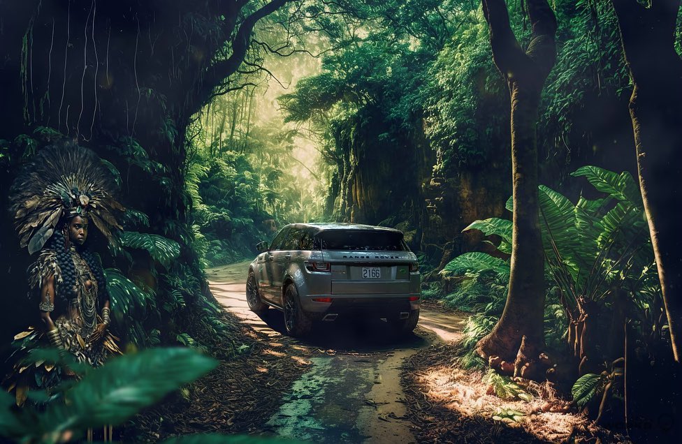 SUV drives through a lush green jungle with an adult female wearing an ornamental feathered headdress and garment standing to the side.