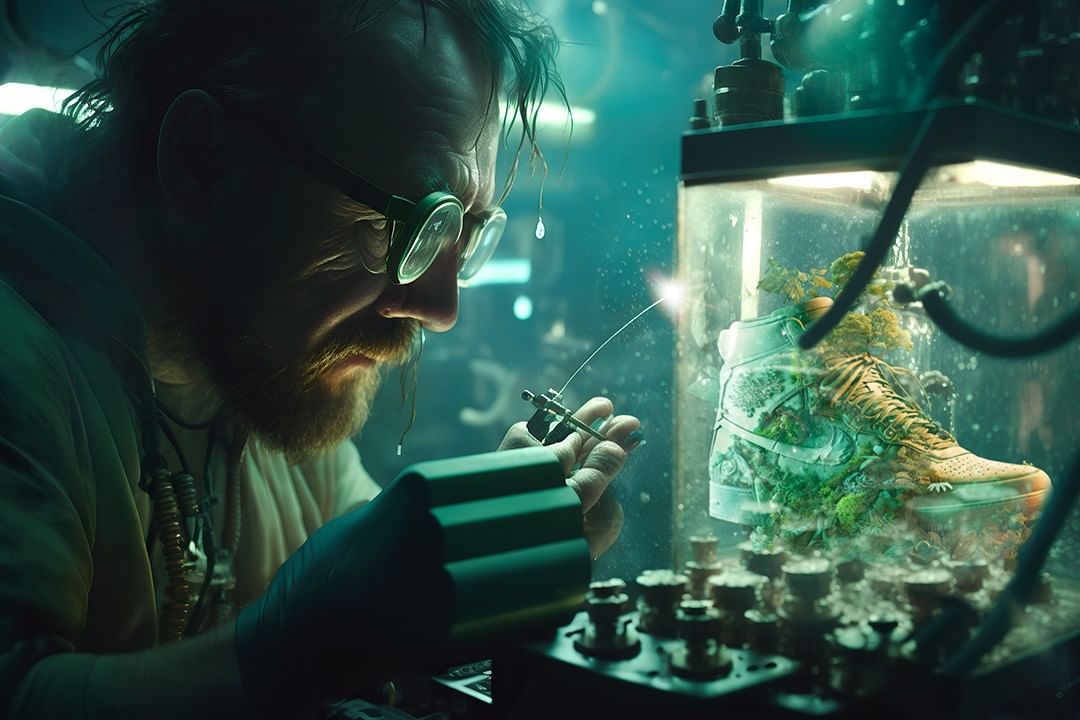 Man in goggles inspects a sneaker with plants growing inside it, presented in an illuminated glass enclosure in a laboratory setting.