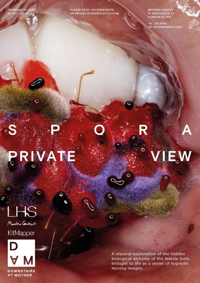 Promotional art poster for SPORA Private View at Mother London featuring an abstract, visceral artwork with text overlays.