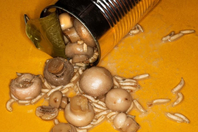 Open can of mushrooms with maggots spilling out onto a yellow surface, creating a visually disturbing and unappetizing food scene.