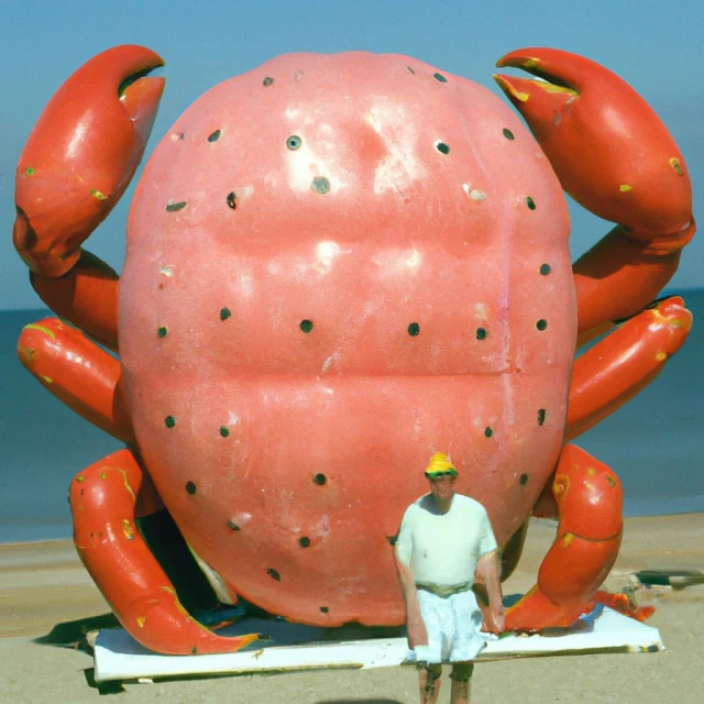Large pink crab statue with a man standing in front on a beach under a blue sky with light clouds on a sunny day.