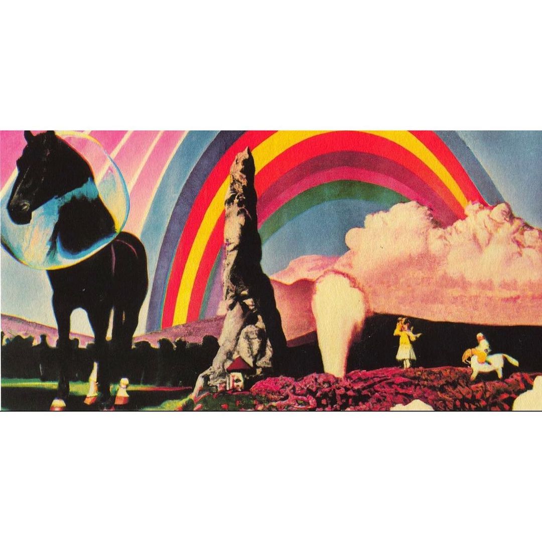 Surreal art featuring a black horse in a cone collar next to a stone tower and a colorful rainbow on a red ground with people.