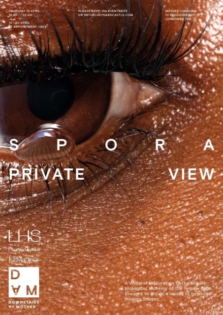 Close-up poster featuring a human eye with visible eyelashes, skin texture, and a water droplet, overlaid with event details and text.