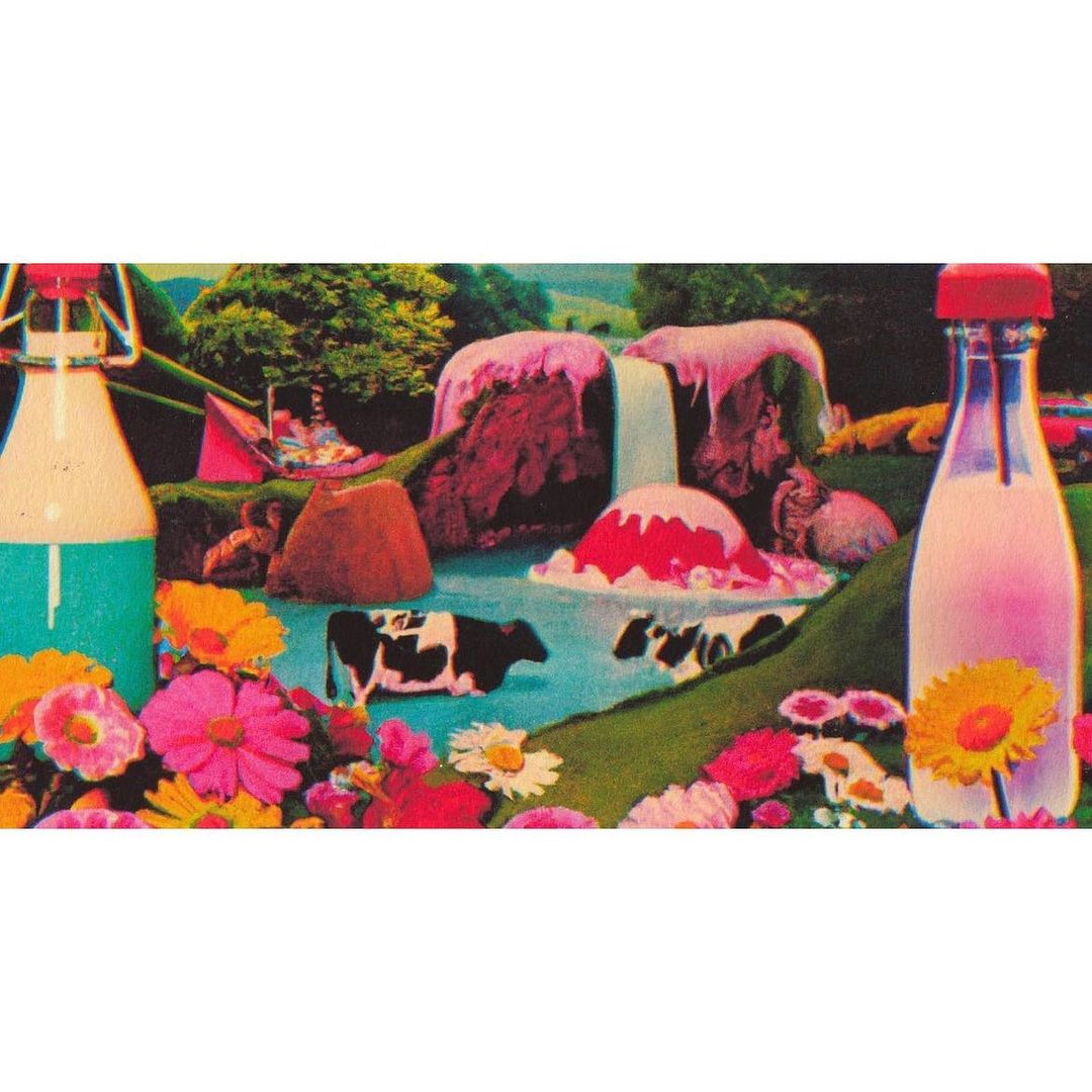Surreal landscape with cows swimming in a river next to pink rock formations and milk bottle props, set against a fantastical backdrop.
