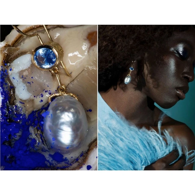 Close-up split screen of a pearl and sapphire gold earring resting on a shell and an adult female wearing a matching earring.