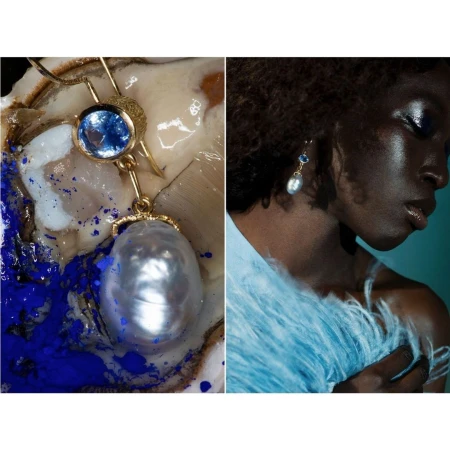 Close-up split screen of a pearl and sapphire gold earring resting on a shell and an adult female wearing a matching earring.