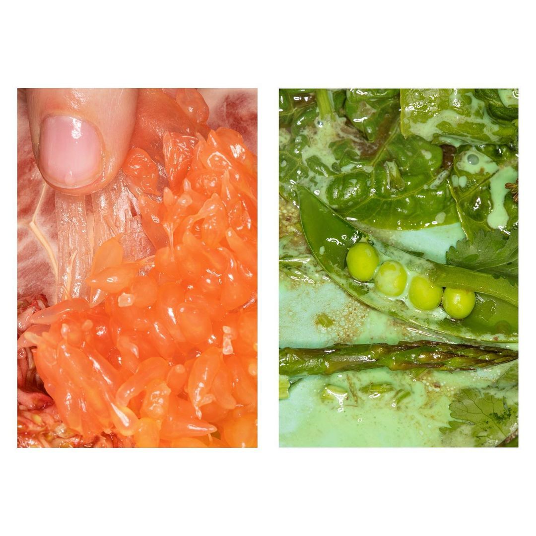 Still life collage featuring segments of orange fruit and green vegetables like asparagus, peas, and spinach arranged side-by-side.