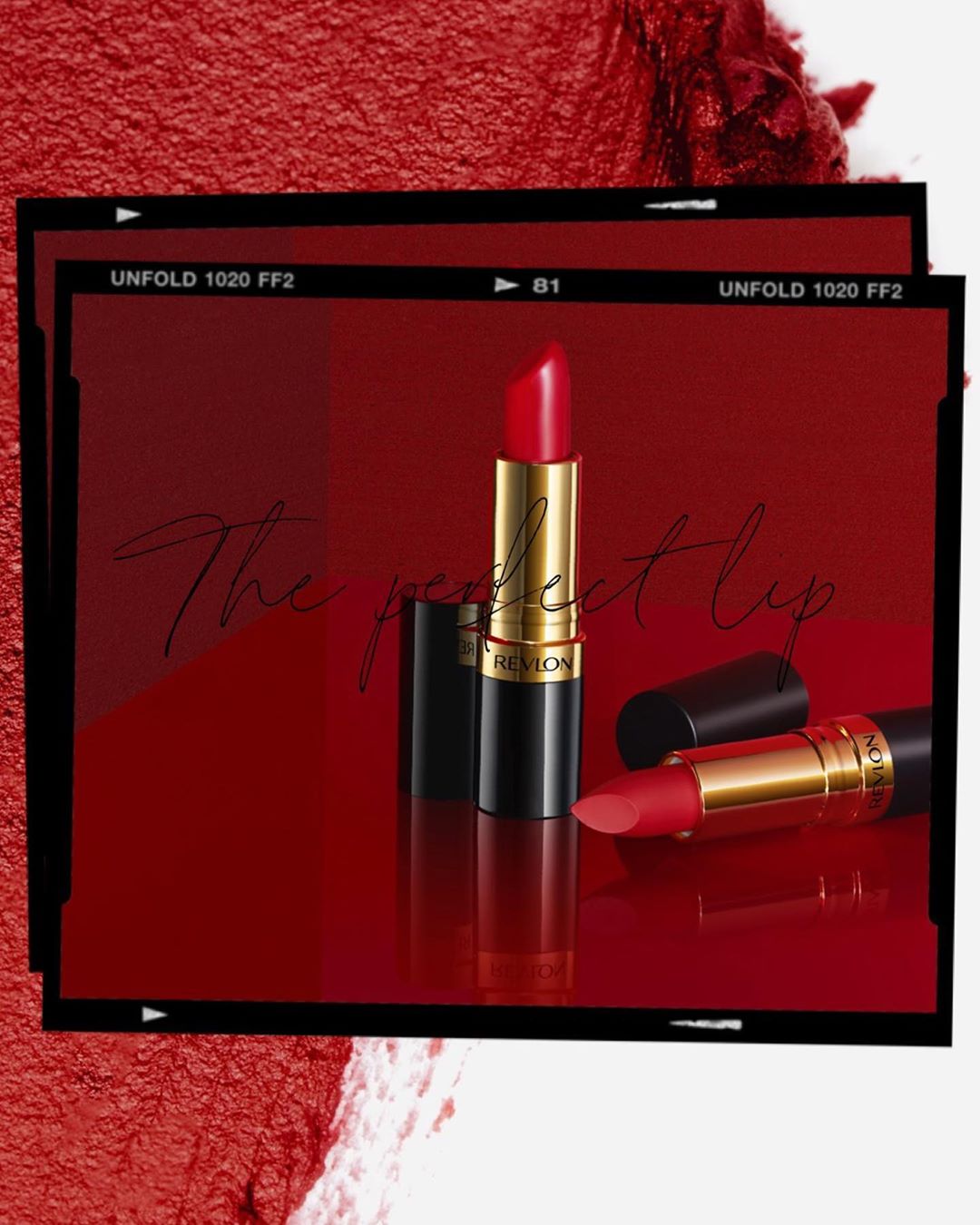 Cosmetic still life featuring two Revlon lipsticks on a glossy red surface, presented in a stylish black frame with red accents.