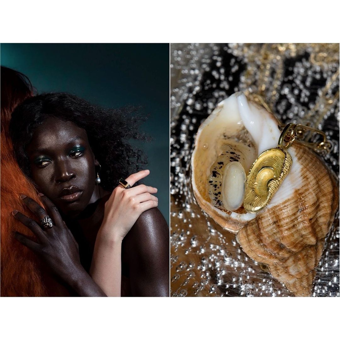 Split image: an African woman with rings poses with another hand and a seashell with a gold pendant on a silver surface.