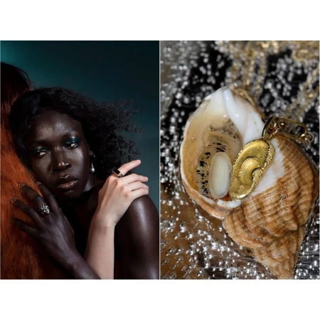 Split image: an African woman with rings poses with another hand and a seashell with a gold pendant on a silver surface.
