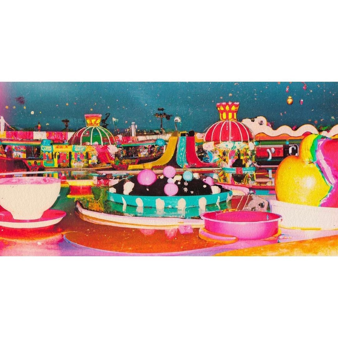 Whimsical photograph of colorful amusement park ride with spinning tea cups and vibrant, fantasy-like atmosphere, evoking nostalgic fun.