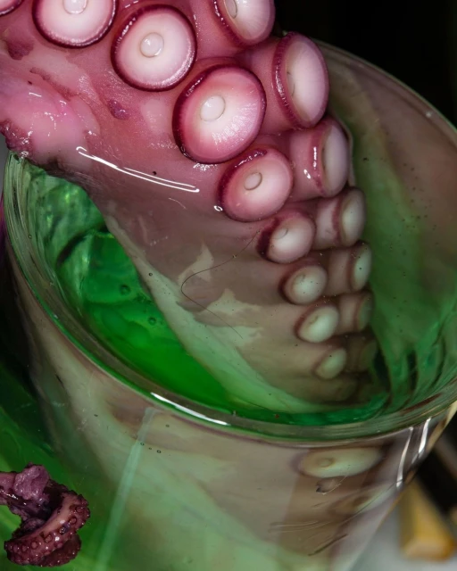 Close-up shot of an octopus tentacle in a clear glass with green liquid, highlighting the texture, color contrast, and aquatic theme.