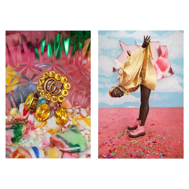 Fashion editorial with gold Gucci jewelry, candy, and a Black model wearing a gold dress and pink platform shoes in a studio.