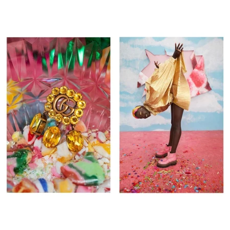 Fashion editorial with gold Gucci jewelry, candy, and a Black model wearing a gold dress and pink platform shoes in a studio.