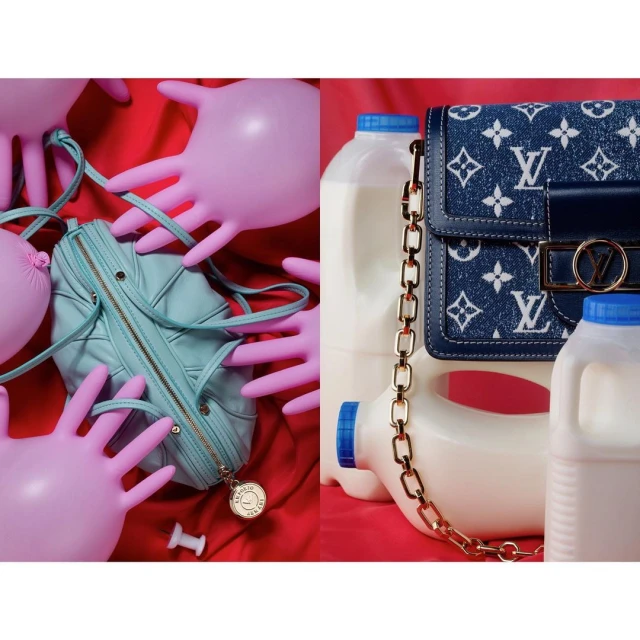 Still life arrangement featuring two purses, a light blue purse surrounded by pink gloves and a designer purse by milk jugs.