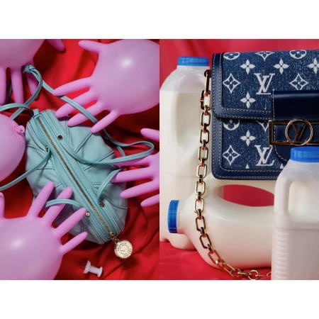 Still life arrangement featuring two purses, a light blue purse surrounded by pink gloves and a designer purse by milk jugs.