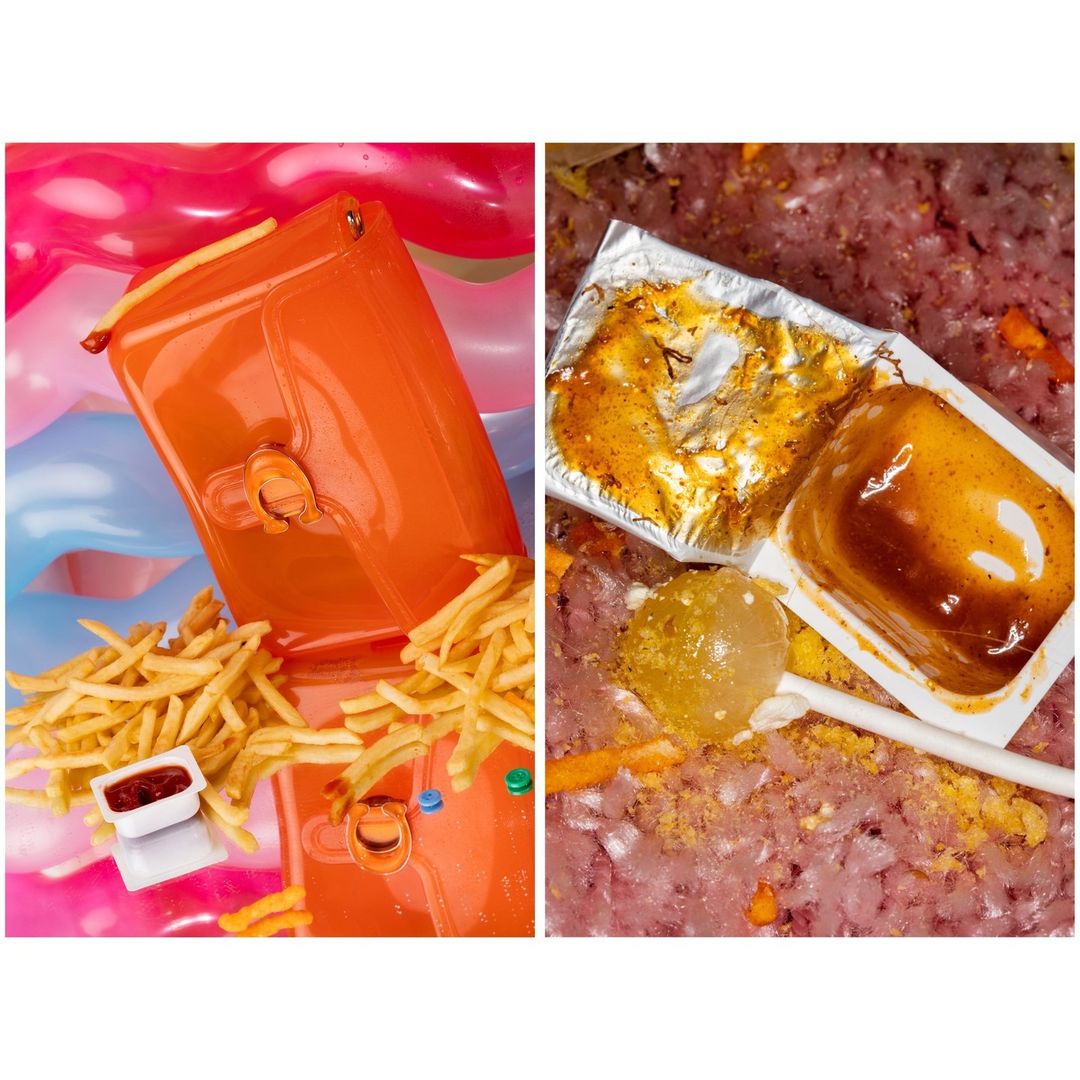 Orange purse surrounded by french fries and balloons, alongside a close-up of ground meat with sauce and foil containers.