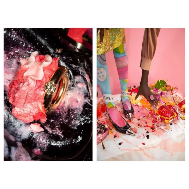 High-fashion editorial split image of diamond ring on cake and model wearing printed tights and heels surrounded by food mess.