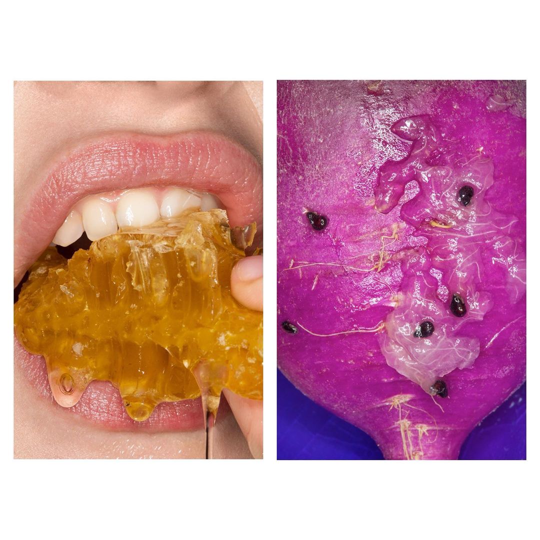 Macro collage-style image of a woman eating a dripping honeycomb alongside a close-up of a purple fruit or vegetable.