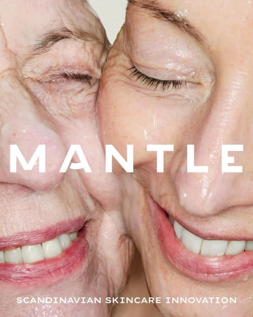 Close-up beauty shot: two women's faces pressed together, skin glistening with moisture, under bright lighting, promoting skincare.