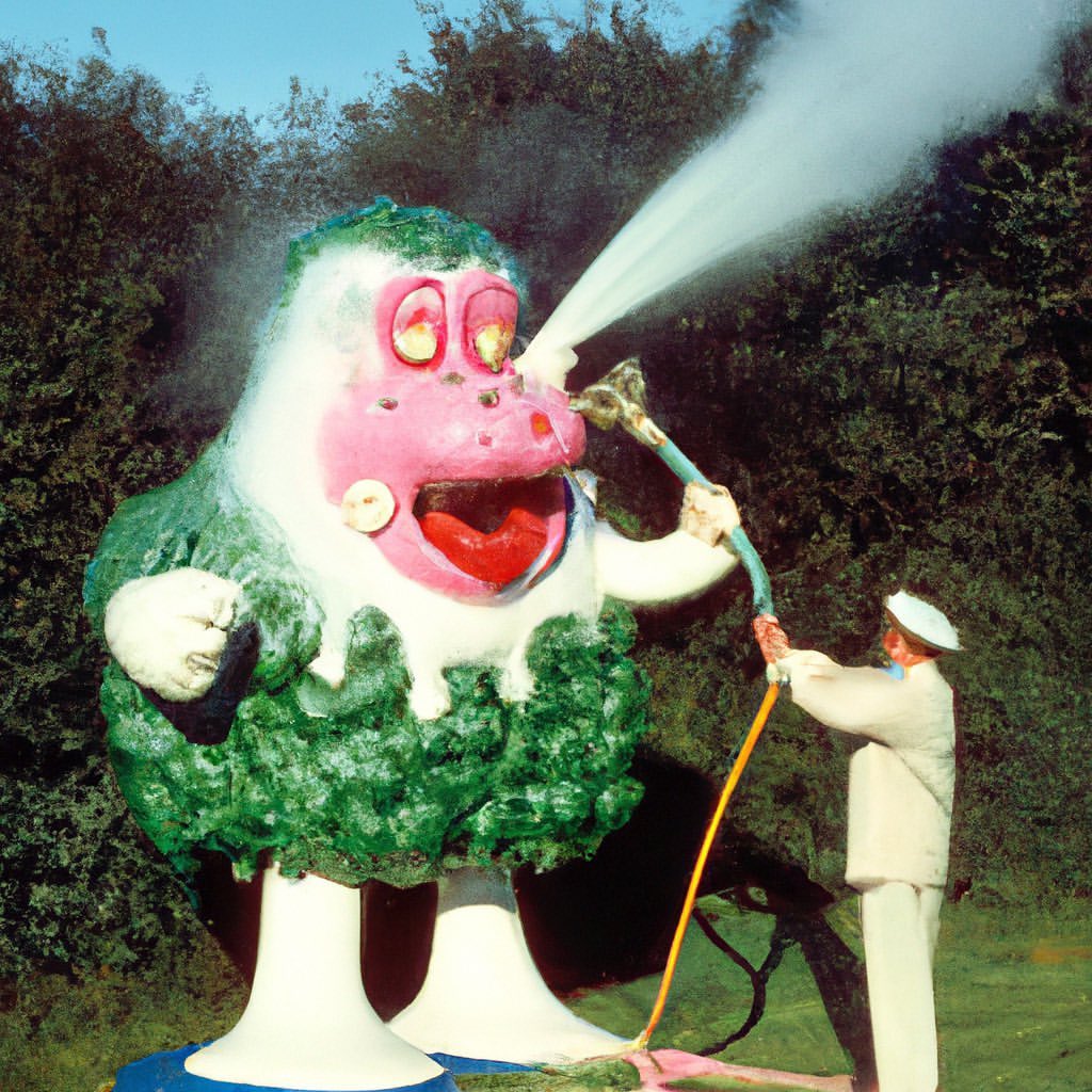 Person sprays water on a large, colorful gorilla sculpture outdoors with green trees in background under bright sunlight.