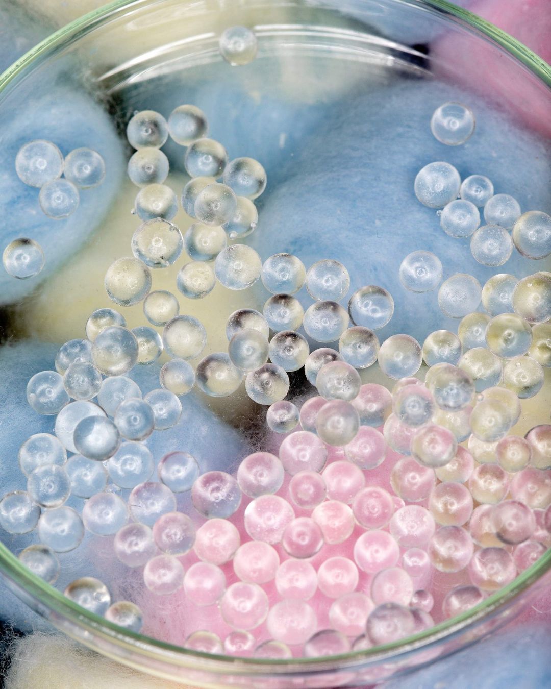 Close-up of clear, translucent beads and fluffy pastel fiberfill in a clear round dish. Soft, dreamy and colorful composition.