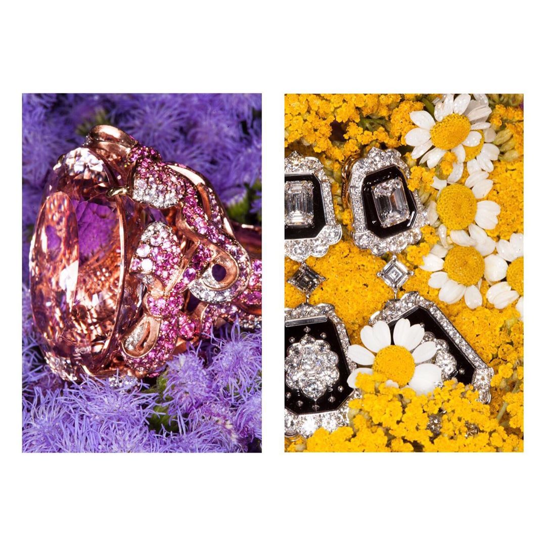 High-angle studio shot of a cocktail ring with a large pink gem and drop earrings on beds of yellow and purple flowers.