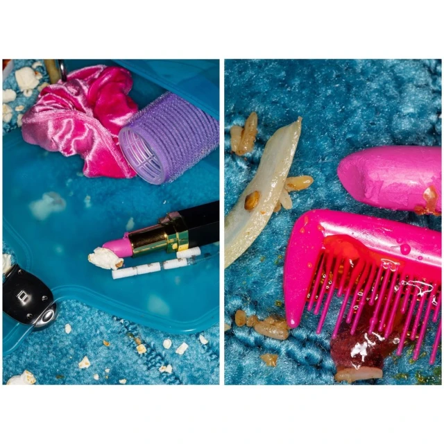 Split-screen image showcasing beauty and hair accessories: lipstick, hair roller, hair scrunchie, comb, and soap on a blue surface.