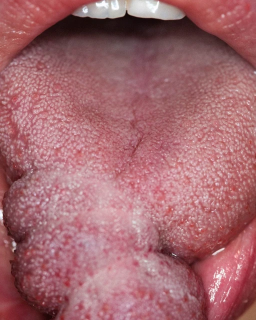 Open mouth view shows tongue with swelling. Teeth are visible at the top, and the inside of the mouth is illuminated.