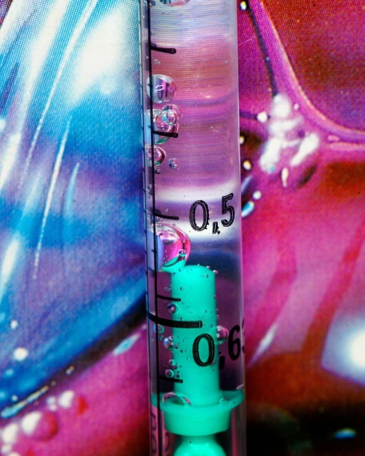 Close-up of a syringe with liquid and bubbles against a colourful, patterned background, highlighting medical or scientific themes.