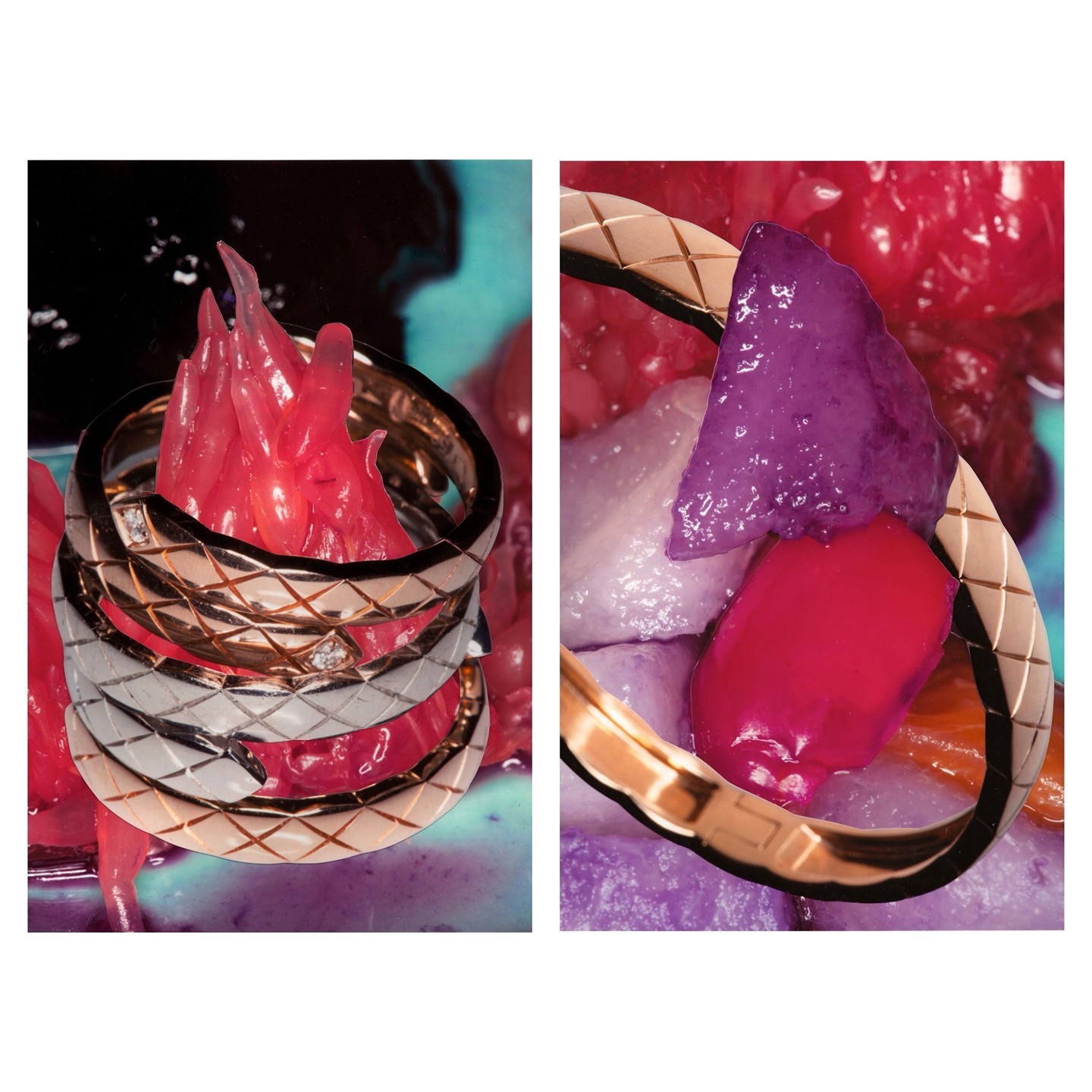 Close-up of gold and silver rings stacked next to angular abstract forms in a colorful background featuring violet, red, and turquoise.