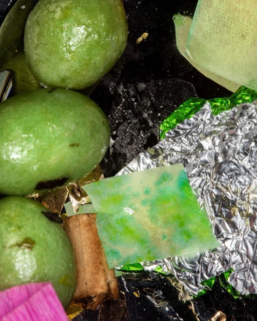 Close-up of green mochi balls, foil wrappers, and tea bag wrappers arranged on a black surface, creating an abstract and textured food still life.