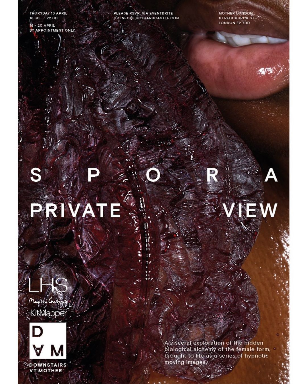 Abstract promotional poster featuring a close-up of a woman's face with a dark, textured substance obscuring part of her face.