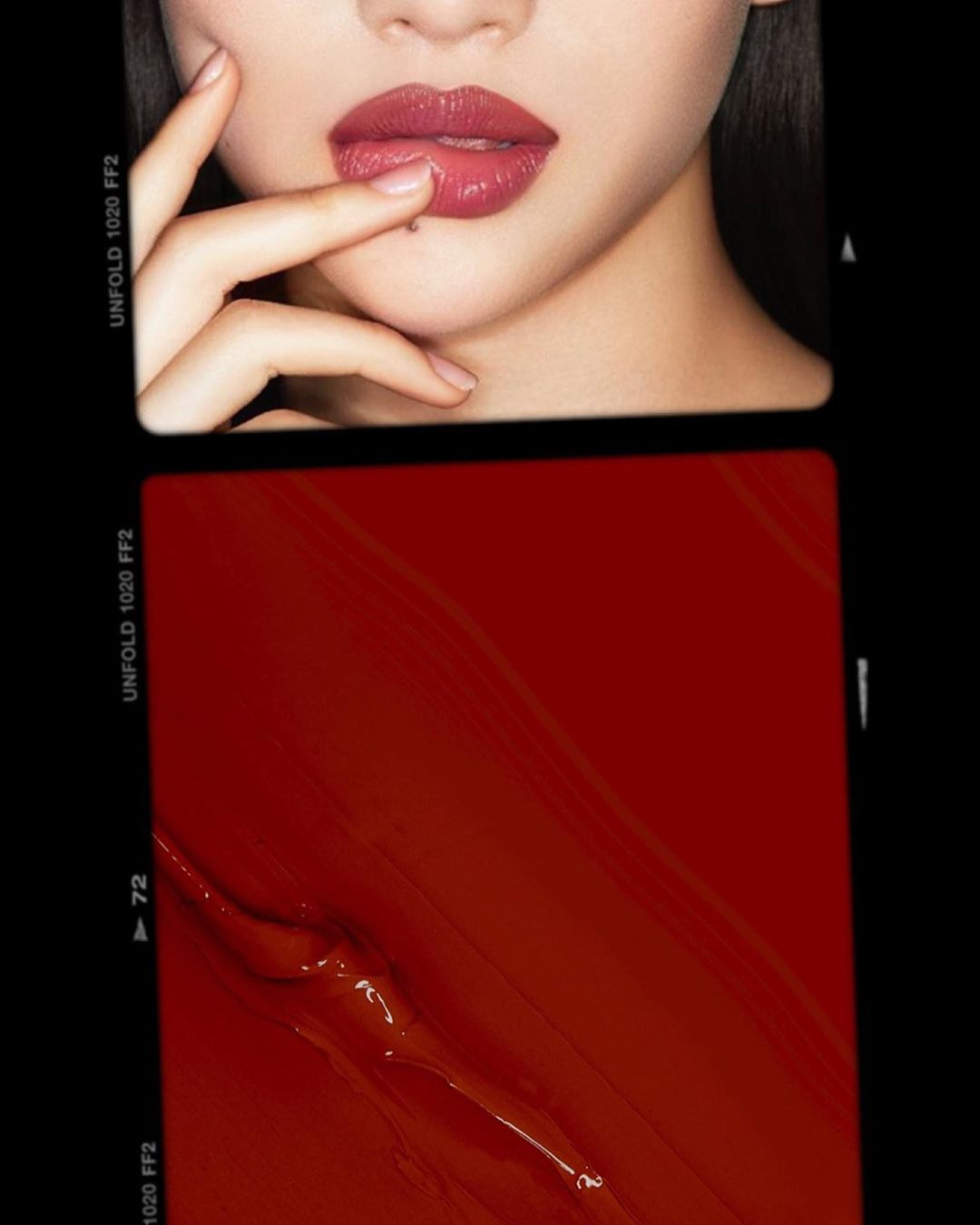 Close-up of an adult female with red lipstick touching her lip, combined with a smear of red lipstick in a vintage film frame.