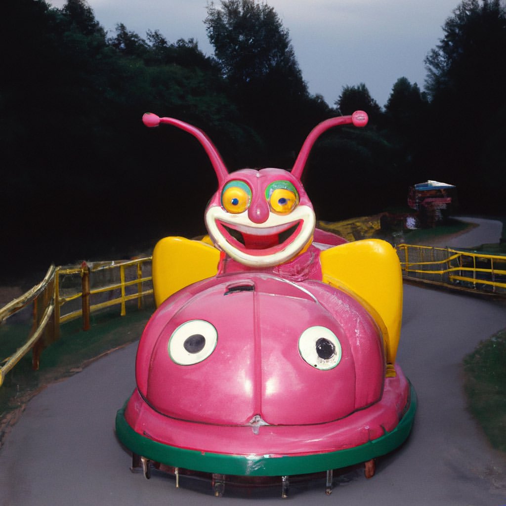 A pink bug-shaped amusement park ride with yellow accents sits on an asphalt path surrounded by a yellow fence and dark green foliage.
