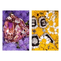 Two side-by-side photographic panels displaying luxury diamond and gemstone jewelry nestled among fresh purple and yellow flowers.