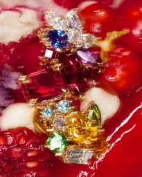 Close-up macro photography of colourful gemstones and diamond jewellery arranged among ripe red berries and cream.