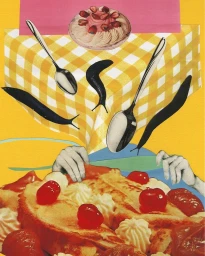 Surreal collage art by Maisie Cousins featuring floating spoons, black slugs, a dessert cake, and hands over a pastry with cherries.