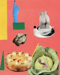 Surreal mixed media collage with a pink background, a ceramic teacup containing a lower body, a frosted cake, a cabbage, and a blue hand.