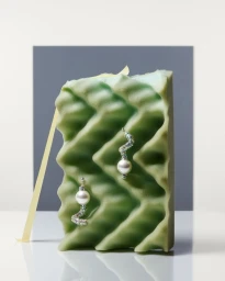 Two pearl and beaded earrings displayed on a textured green foam block with a yellow ribbon against a grey and white backdrop