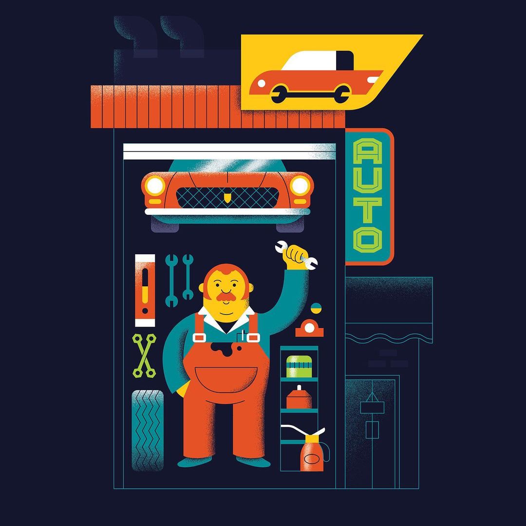 Illustration of a mechanic in orange overalls holding a wrench in a garage with a red sports car being serviced.